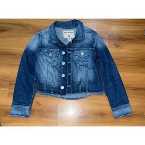 Womens True Religion Frayed Hem Acid Wash Crop Jean Jacket